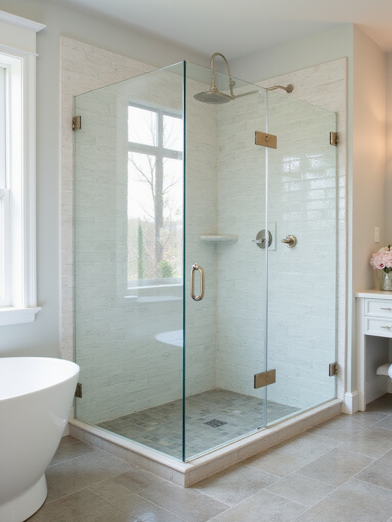 Bright transitional bathroom with a large, clear frameless glass shower enclosure showcasing subway tile and stone inside, enhancing the spacious and modern-classic design.