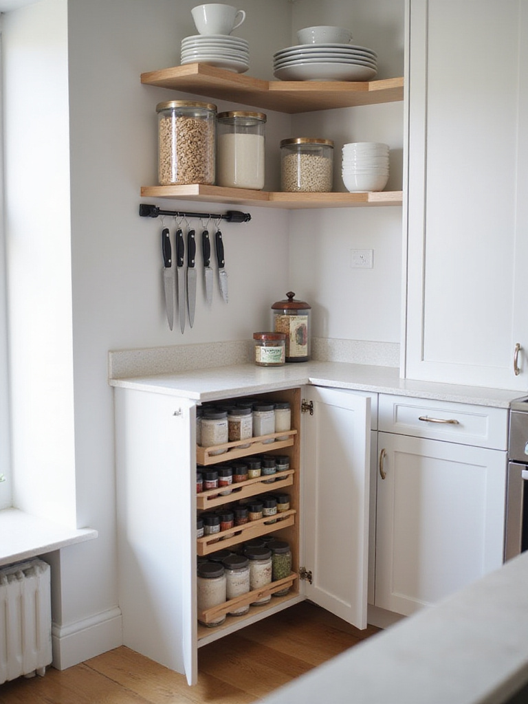Stylish and organized storage solutions in a modern apartment kitchen, featuring floating shelves with dishes and canisters, a magnetic knife strip, and organized cabinet interiors.