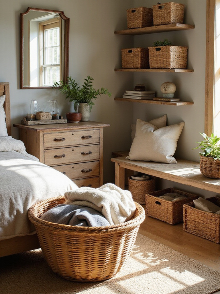 Rustic bedroom featuring woven baskets and wooden crates used for stylish, cozy organization and storage.