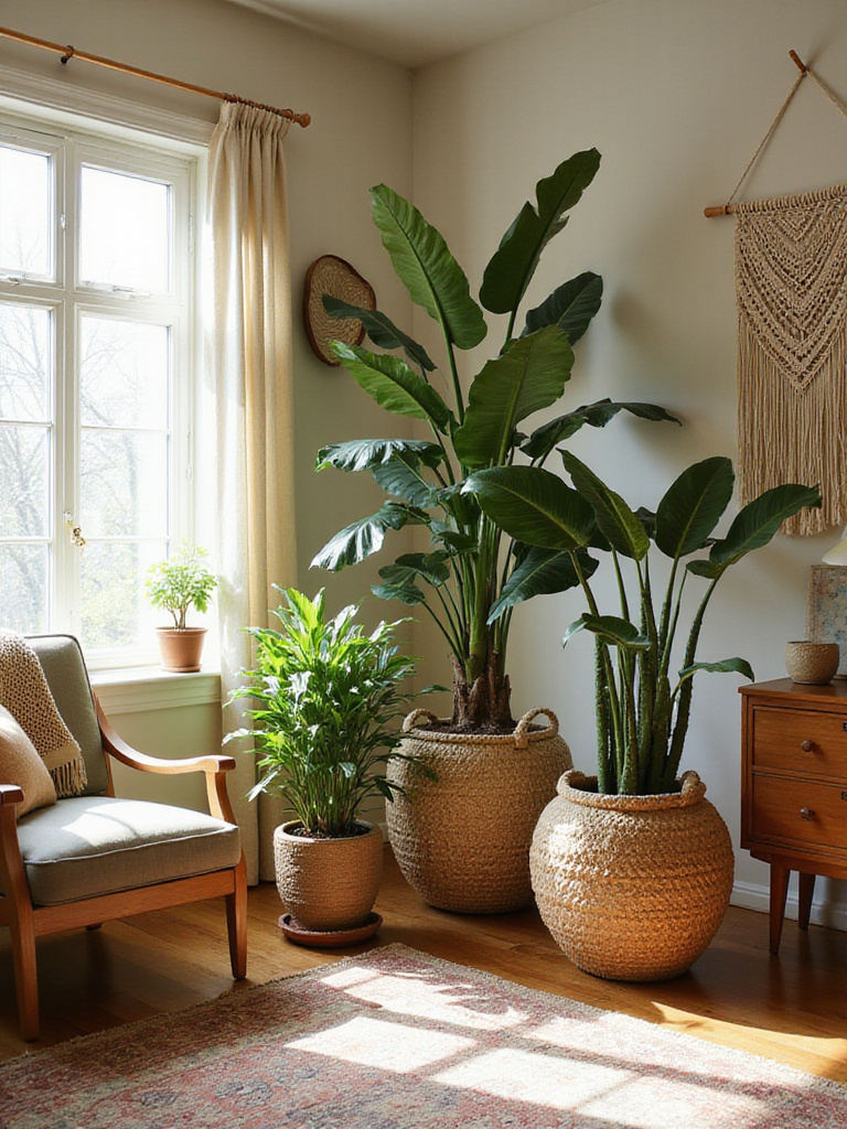 Boho bedroom featuring oversized planters with large green plants, natural textures, and soft lighting.