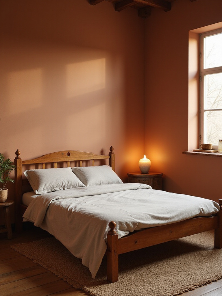 Rustic bedroom with warm terracotta walls, wooden furniture, and natural textures creating a cozy atmosphere.