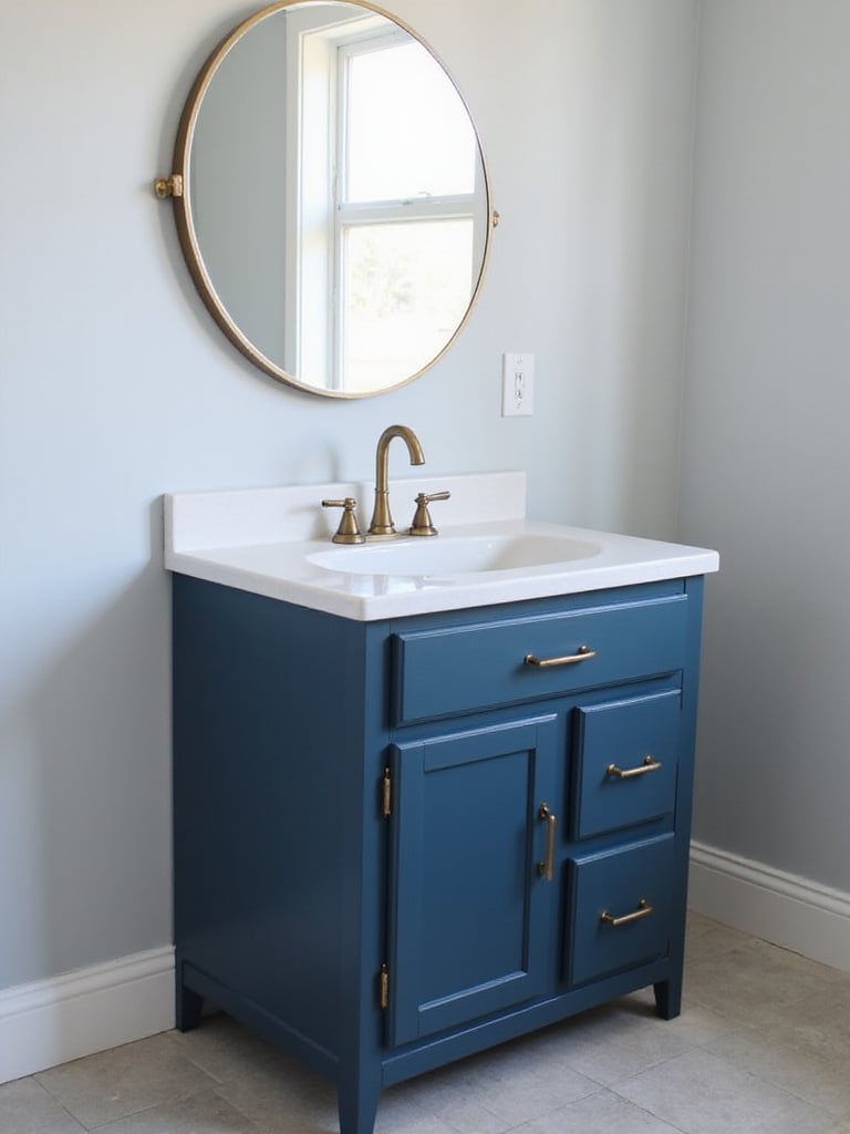 A modern bathroom vanity painted a deep navy blue with brushed brass hardware, showcasing a budget-friendly renovation idea.