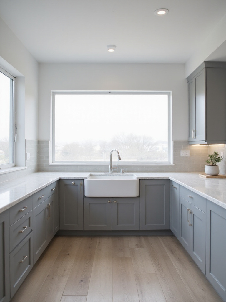 Modern kitchen with medium gray cabinets and bright white quartz countertops featuring subtle veining.
