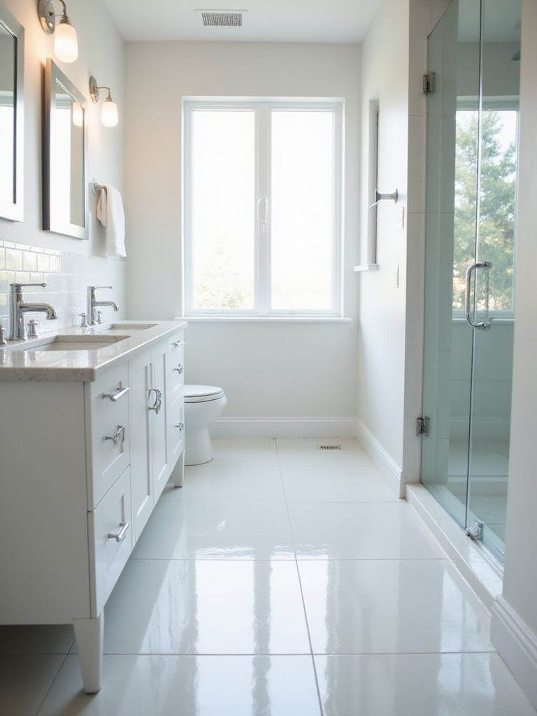 A sparkling clean bathroom with gleaming fixtures, bright tiles, and fresh grout lines, illuminated by natural light.