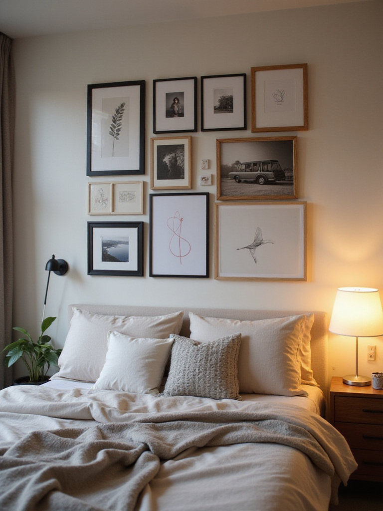 An apartment bedroom wall decorated with a gallery wall of framed art and personal photos above a bed, showcasing personalized wall decor ideas for small spaces.