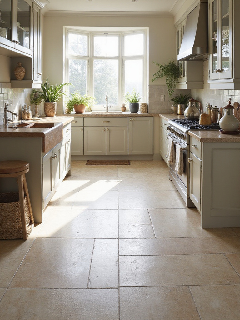 Stylish kitchen with slip-resistant porcelain tile flooring