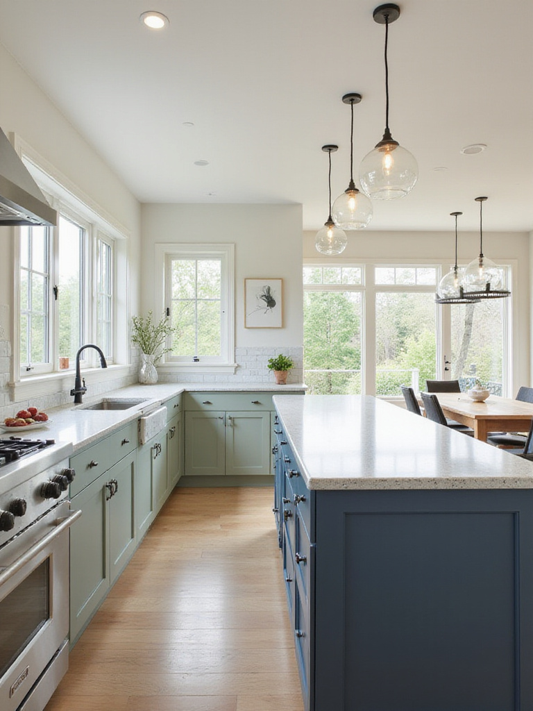 A modern kitchen featuring soft sage green cabinets, a navy blue island, light quartz countertops, and white subway tile backsplash, illustrating a balanced color scheme.