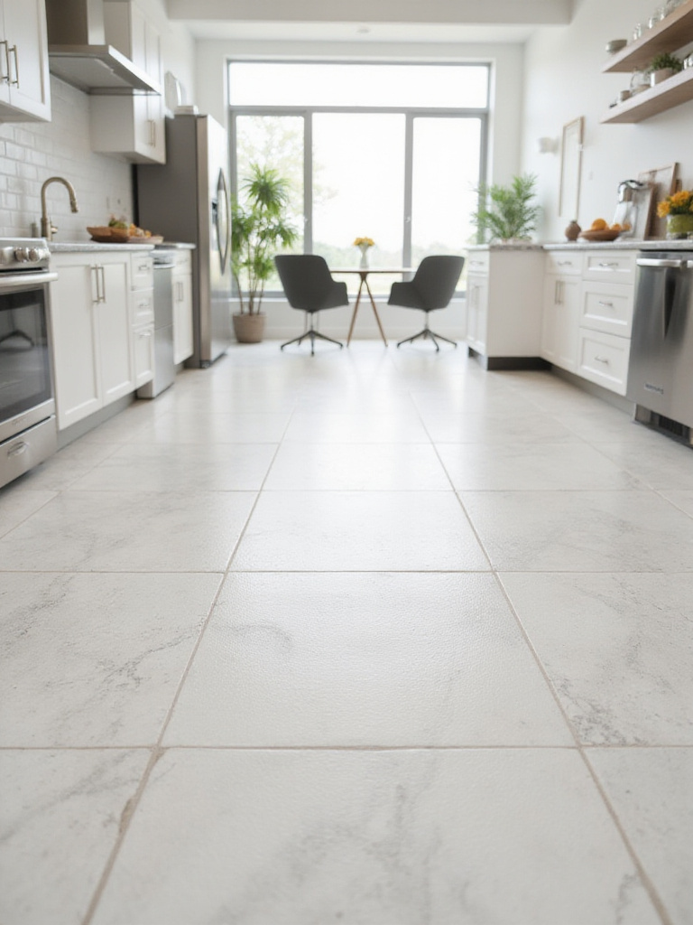 Modern kitchen with patterned tile flooring