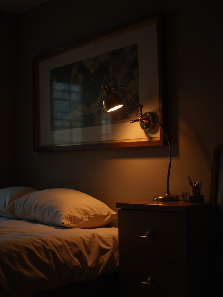 Bedroom with abstract painting illuminated by brass picture light