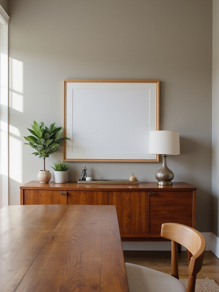 A dining room layout featuring a wooden buffet sideboard placed strategically against a wall, serving as storage and a display surface.