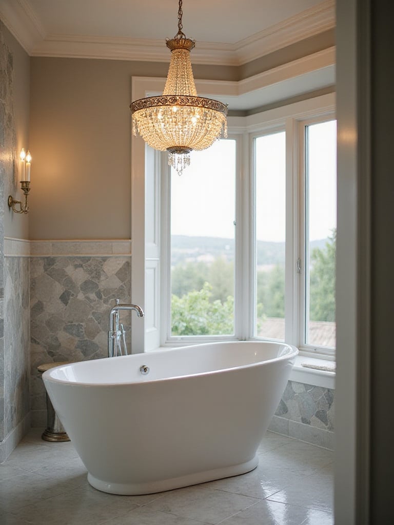 Elegant chandelier over freestanding bathtub in a luxurious bathroom setting