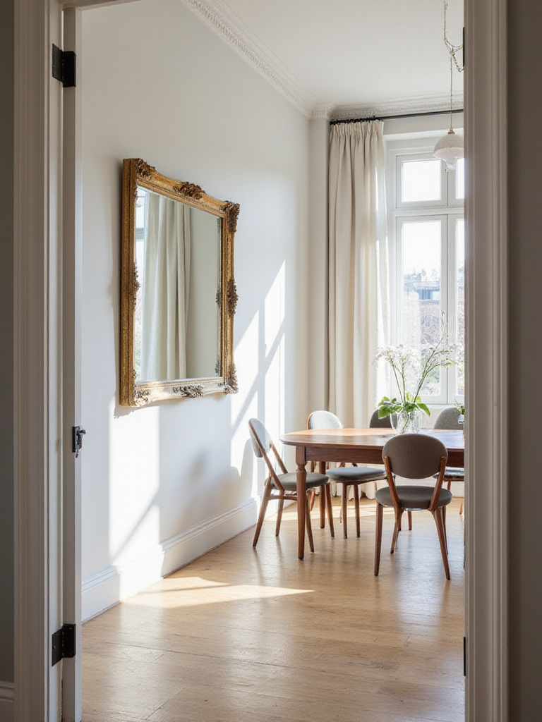 Spacious dining room with a large mirror reflecting the table and chairs, making the room appear larger and brighter.