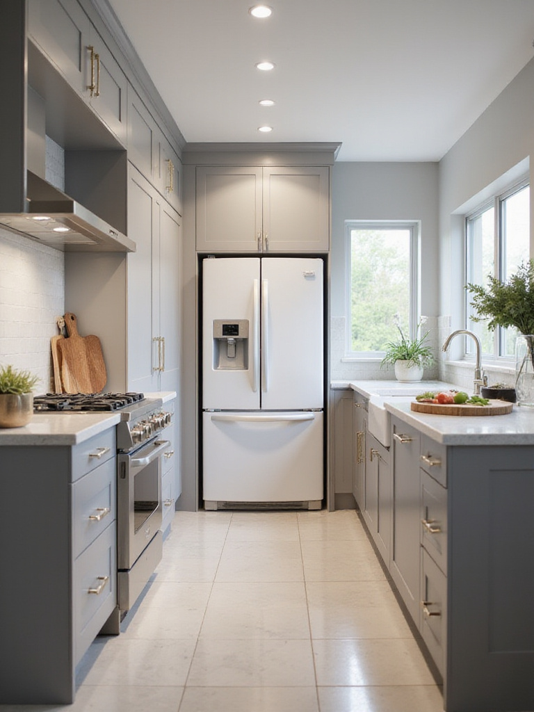 Modern kitchen layout with strategic appliance placement for seamless integration.
