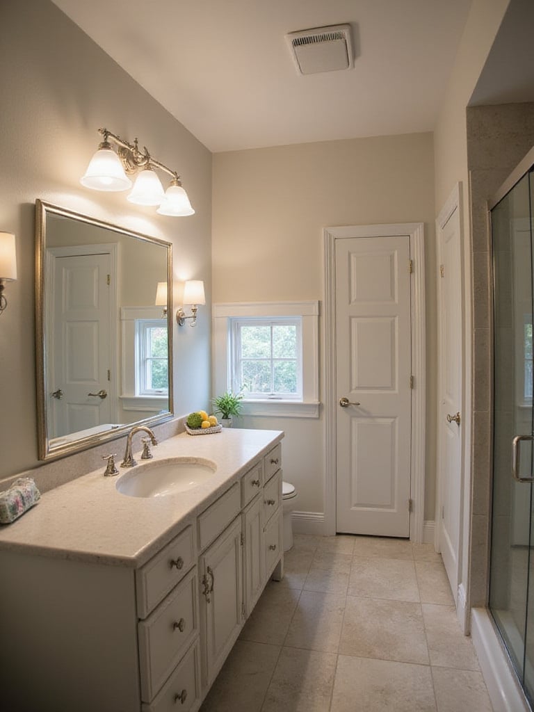 Professional photo of a bathroom with distinct lighting zones for grooming, showering, and relaxing.