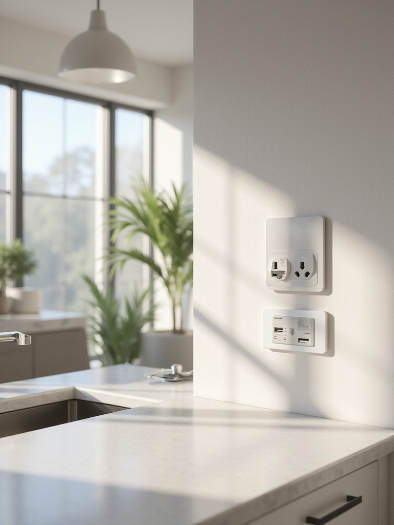 Modern kitchen with multiple electrical outlets and charging stations strategically placed.