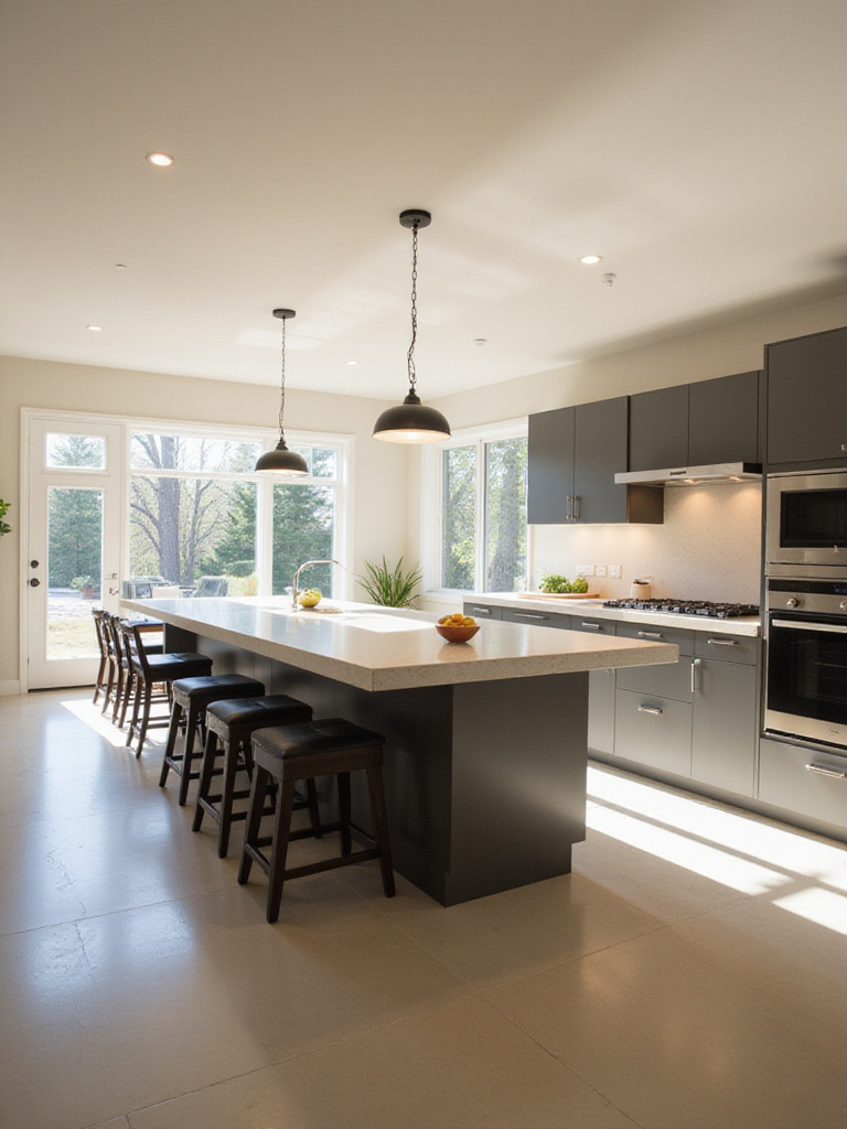 Modern kitchen featuring a large central island with seating and pendant lighting, showcasing ample walkway space around the island.