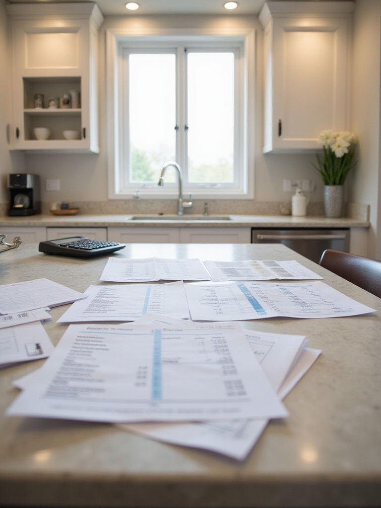 A kitchen island with financial documents, spreadsheets, and material samples laid out, representing the process of planning a realistic budget for a kitchen remodel.