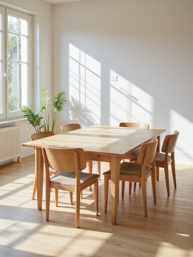 A dining room featuring a modern expandable wooden table partially extended, demonstrating the flexibility needed for varying guest numbers and highlighting the importance of planning for adequate clearance space around the table in a room layout.