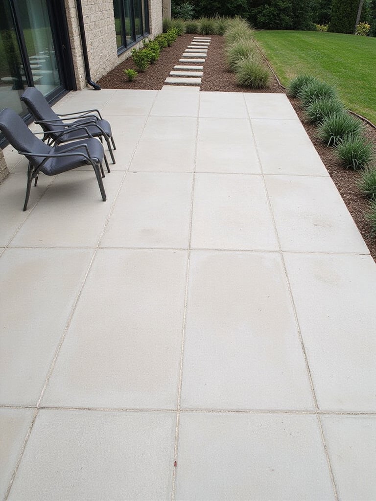A modern, clean patio featuring large format porcelain tiles and minimalist furniture, illustrating low-maintenance design.