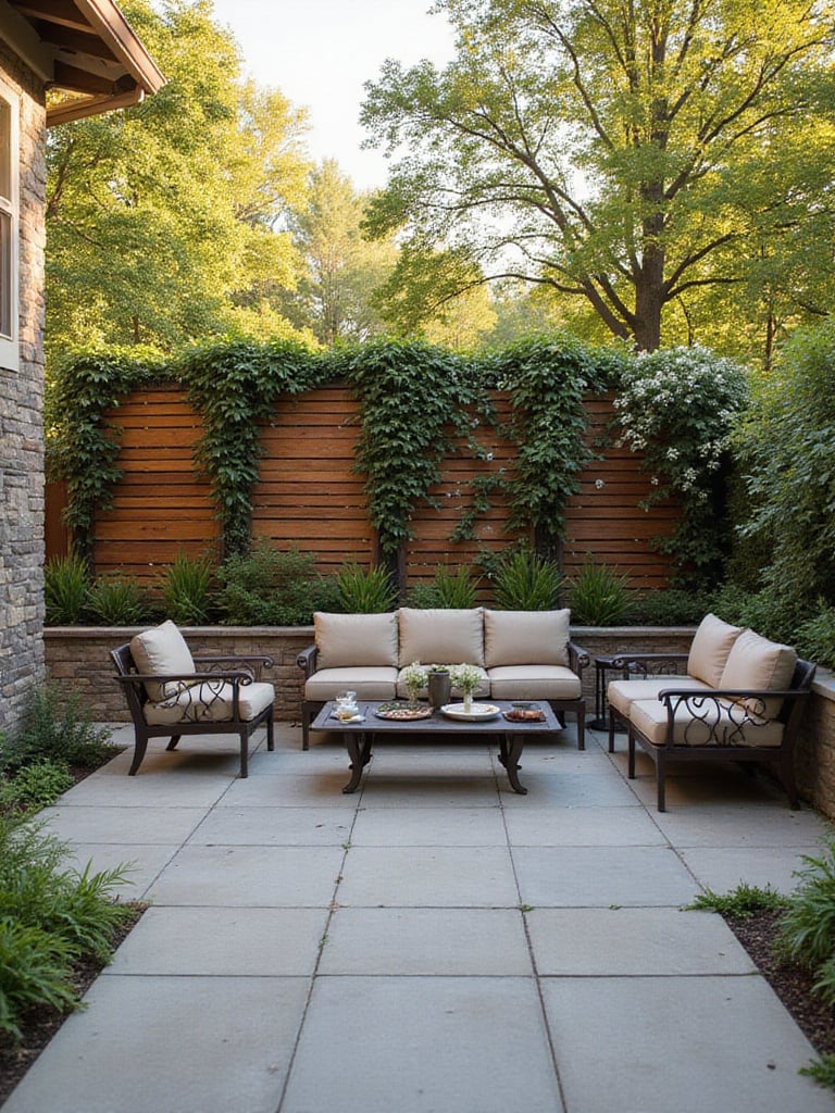 A serene patio featuring a low stone wall, slatted wooden privacy screens, and a metal trellis covered in climbing vines, adding vertical interest and privacy to the outdoor seating area.