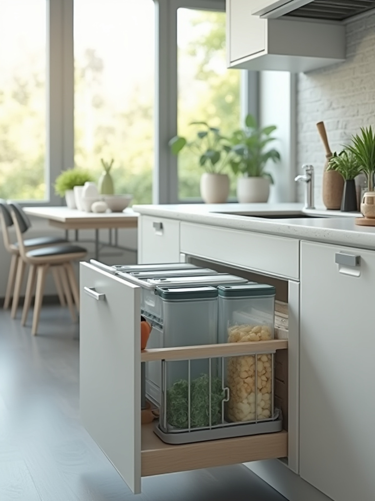 Modern kitchen with integrated waste and recycling management system, featuring pull-out bins and sleek cabinetry.