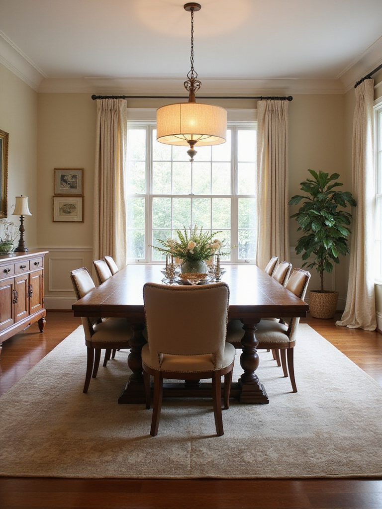 Elegant dining room with a large rectangular table centrally positioned under a pendant light, surrounded by chairs and a rug, showcasing a well-planned layout.