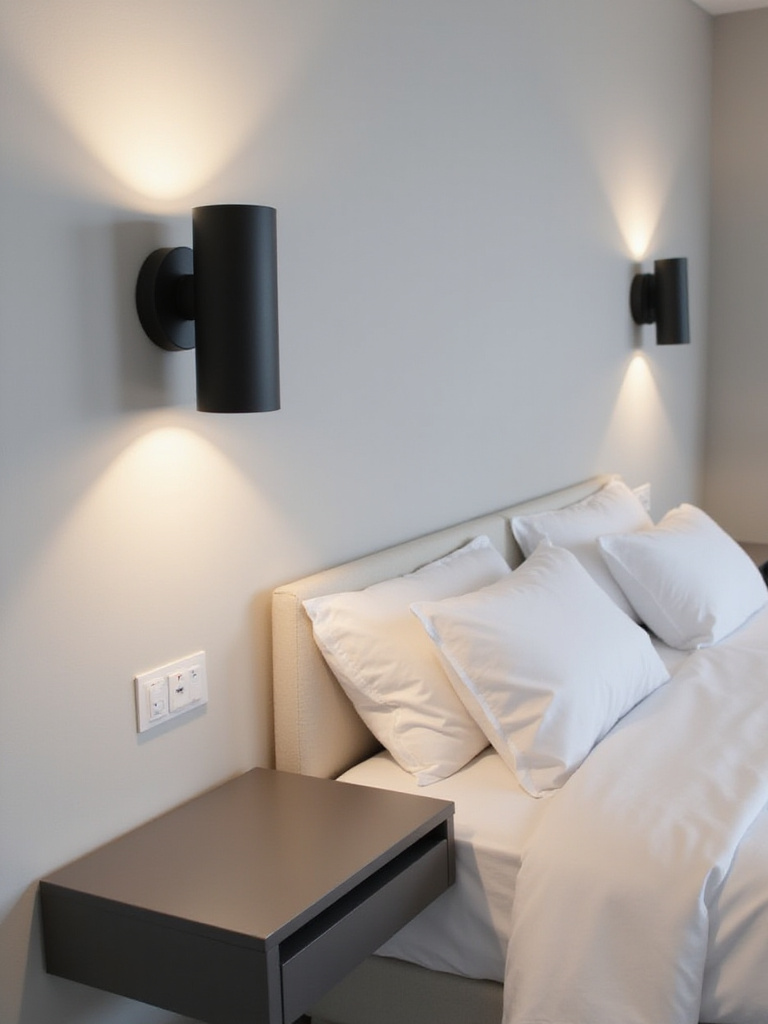Modern bedroom with wall-mounted sconces providing bedside lighting.