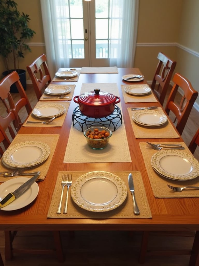 Elegant dining table setting with placemats, coasters, and trivet, showcasing tabletop protection.