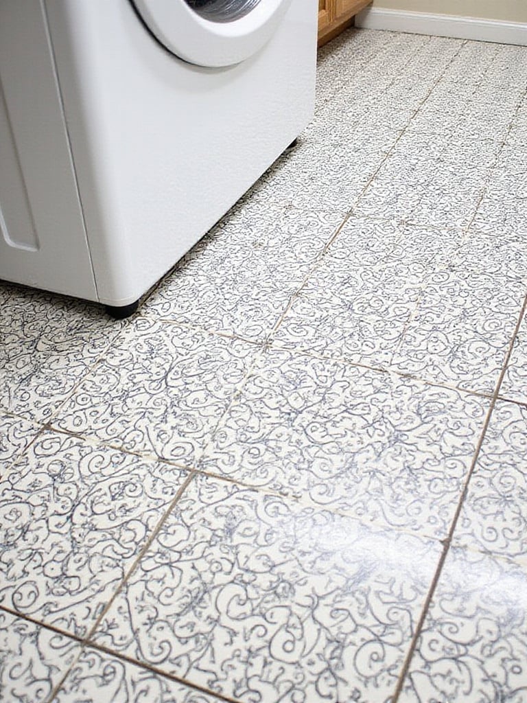 Laundry room floor refreshed with patterned black and white geometric peel-and-stick tiles, providing a stylish and durable surface.