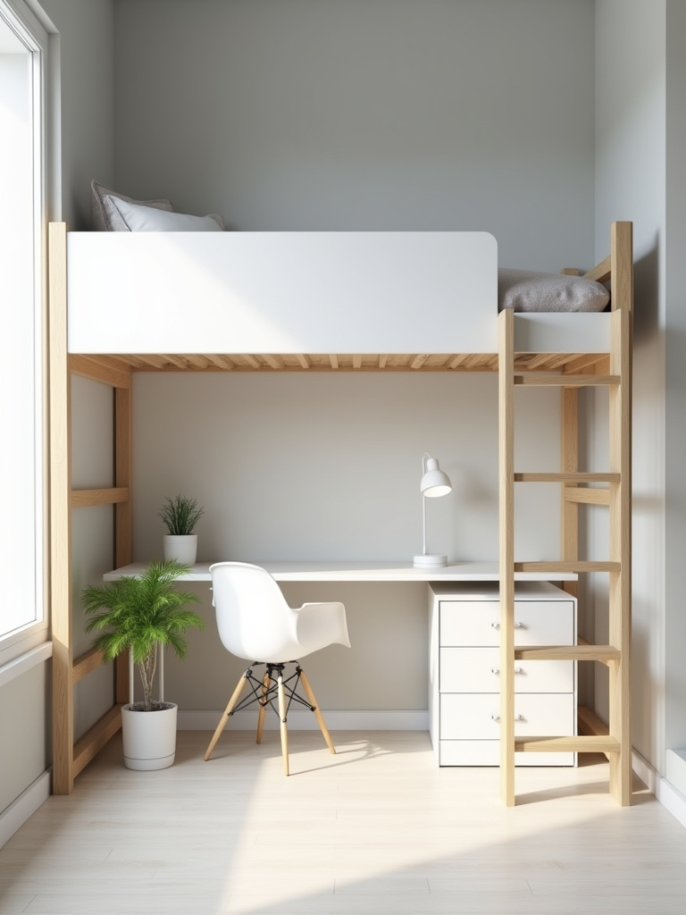 Small bedroom with loft bed and home office underneath