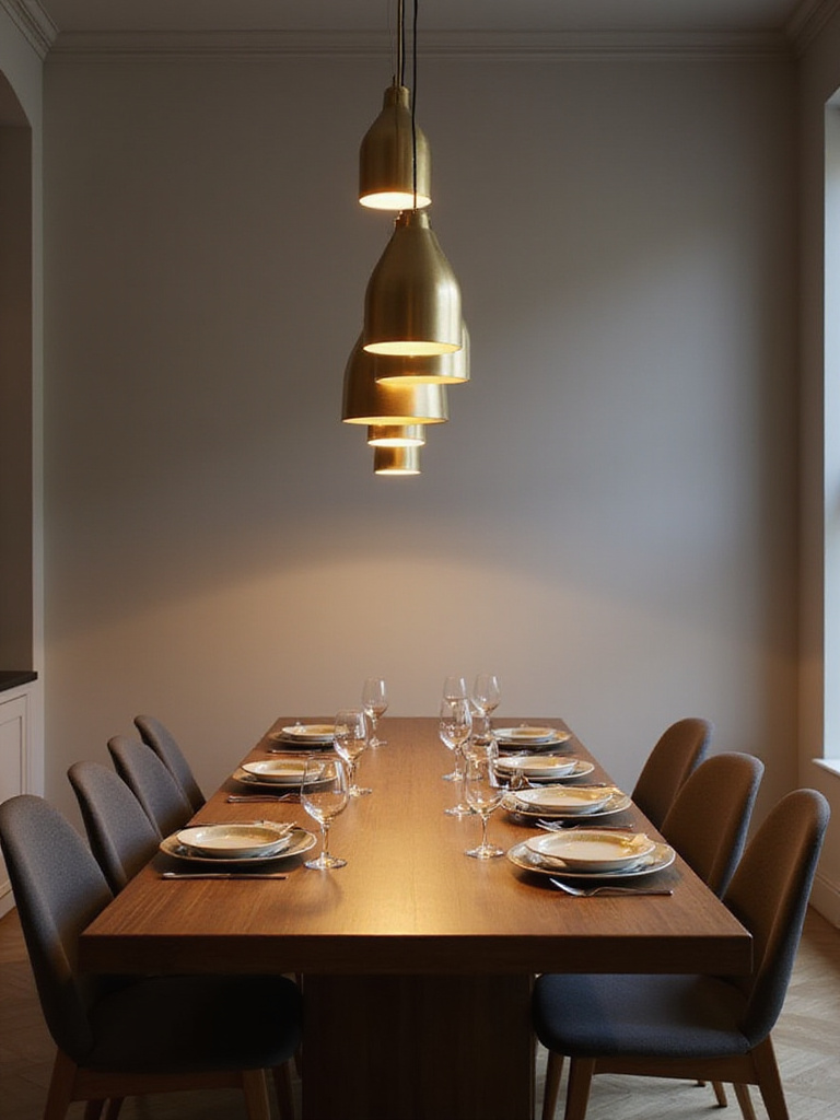 Rectangular dining table illuminated by three evenly spaced pendant lights.