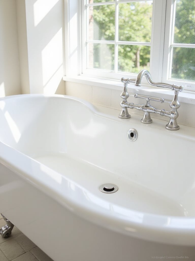 A freshly refinished white bathtub in a clean bathroom, looking smooth and glossy under natural light, demonstrating a budget-friendly renovation.