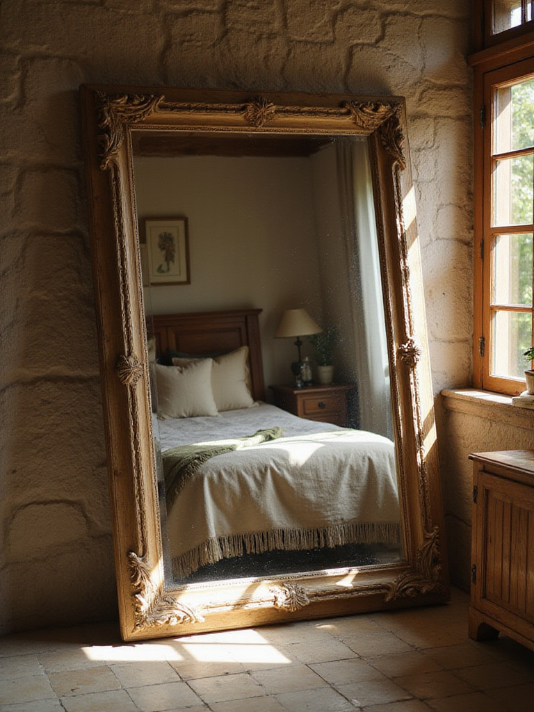 Large aged wood-framed mirror reflecting light in a cozy rustic bedroom, enhancing brightness and space.