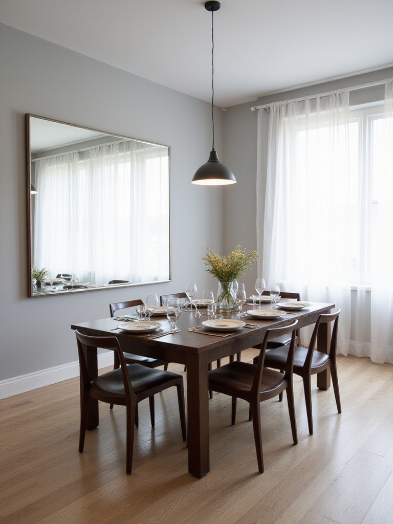 Dining room with large frameless mirror reflecting natural light and expanding the space.