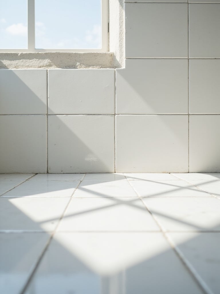 Close-up of clean, contrasting grout lines between light-colored bathroom tiles, showing a budget-friendly renovation method.