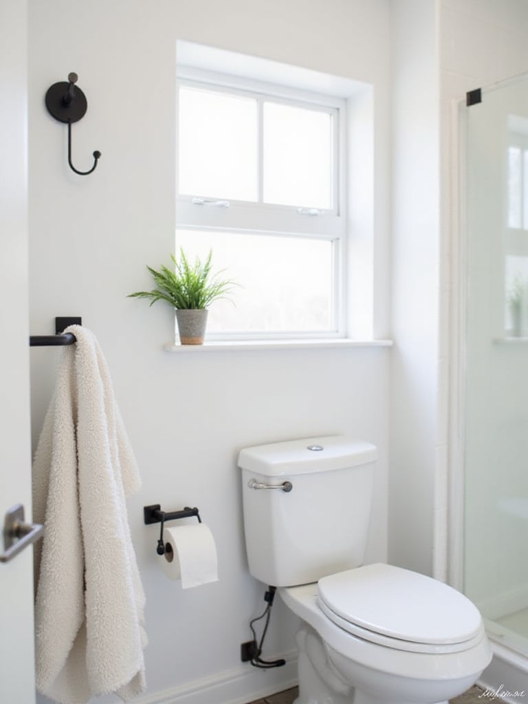 Modern bathroom with updated matte black towel bar, toilet paper holder, and robe hook against a neutral wall.