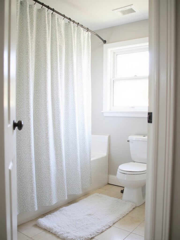 A bright bathroom featuring a new patterned shower curtain and a soft bath rug, demonstrating how simple textile replacements can refresh the space on a budget.