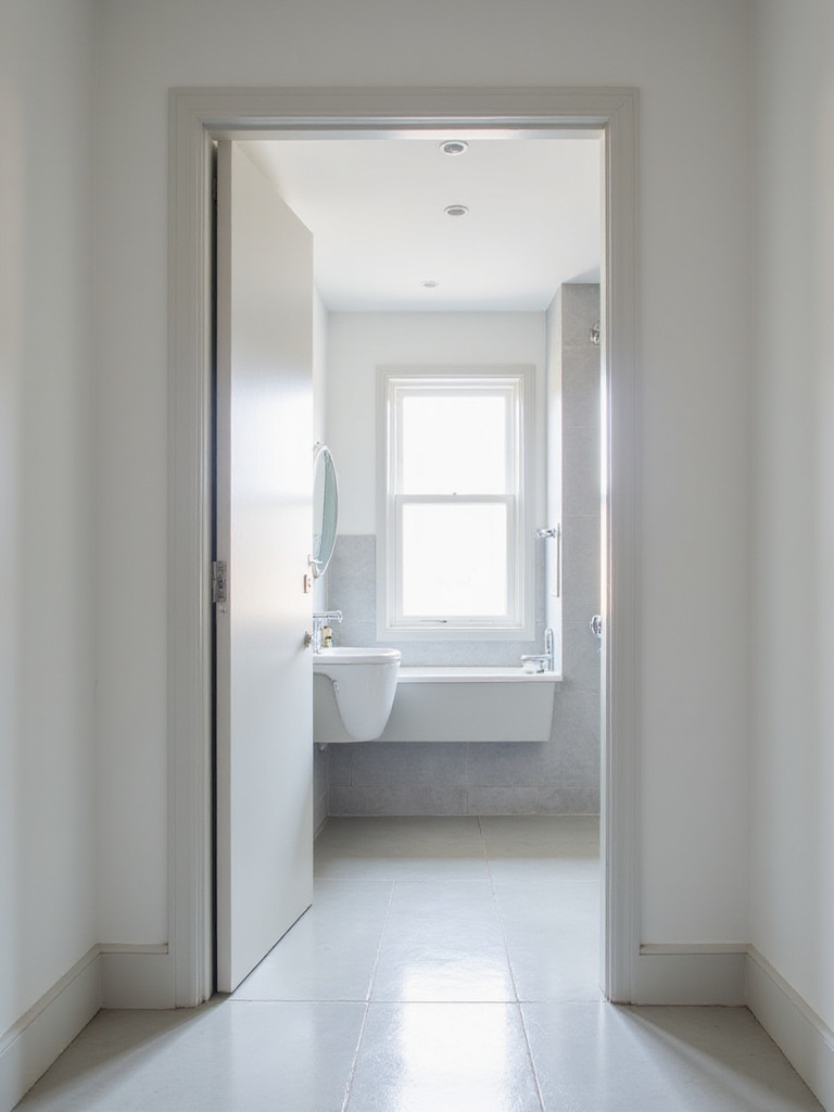 Small bathroom with a space-saving pocket door.