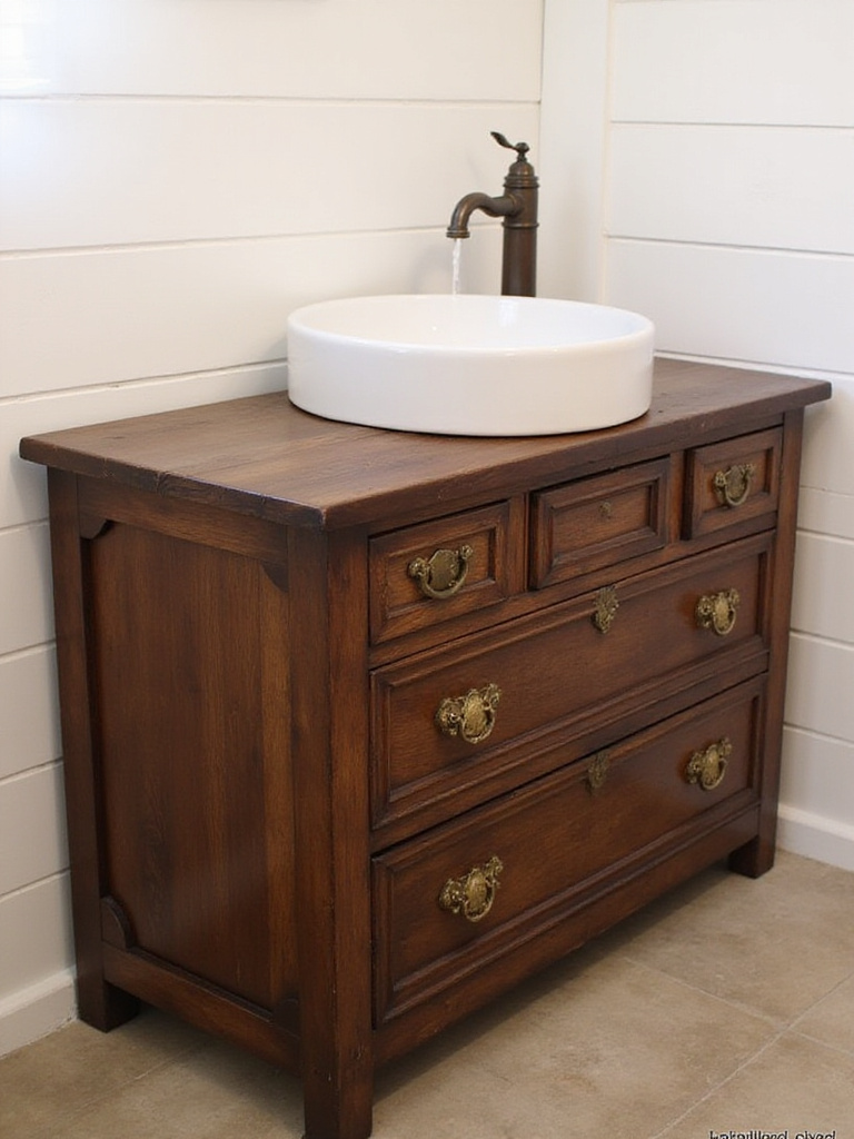 An antique dark oak dresser repurposed into a farmhouse bathroom vanity, featuring its original hardware, a white vessel sink, and vintage faucet.