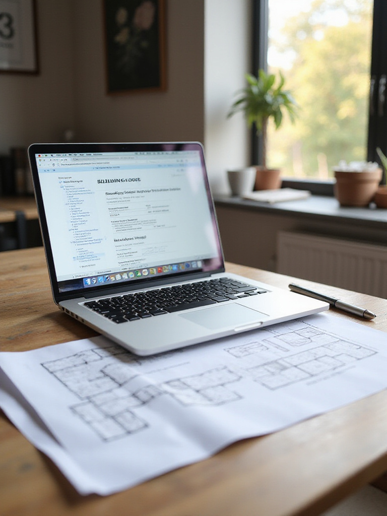 Home office desk with kitchen remodel plans and building code documents