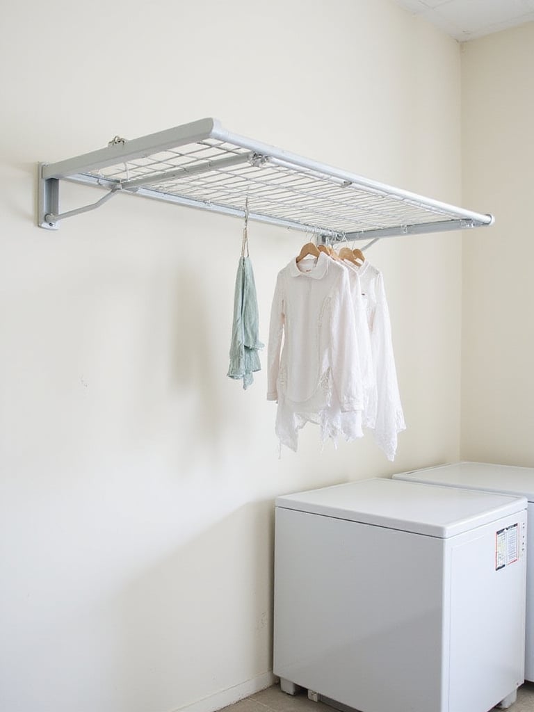 A space-saving wall-mounted folding drying rack extended with clothes hanging, demonstrating a practical solution for air-drying laundry.
