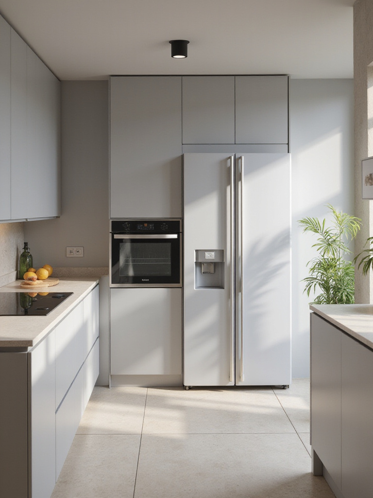 Modern kitchen with seamless appliance integration, featuring a panel-ready refrigerator and integrated oven.