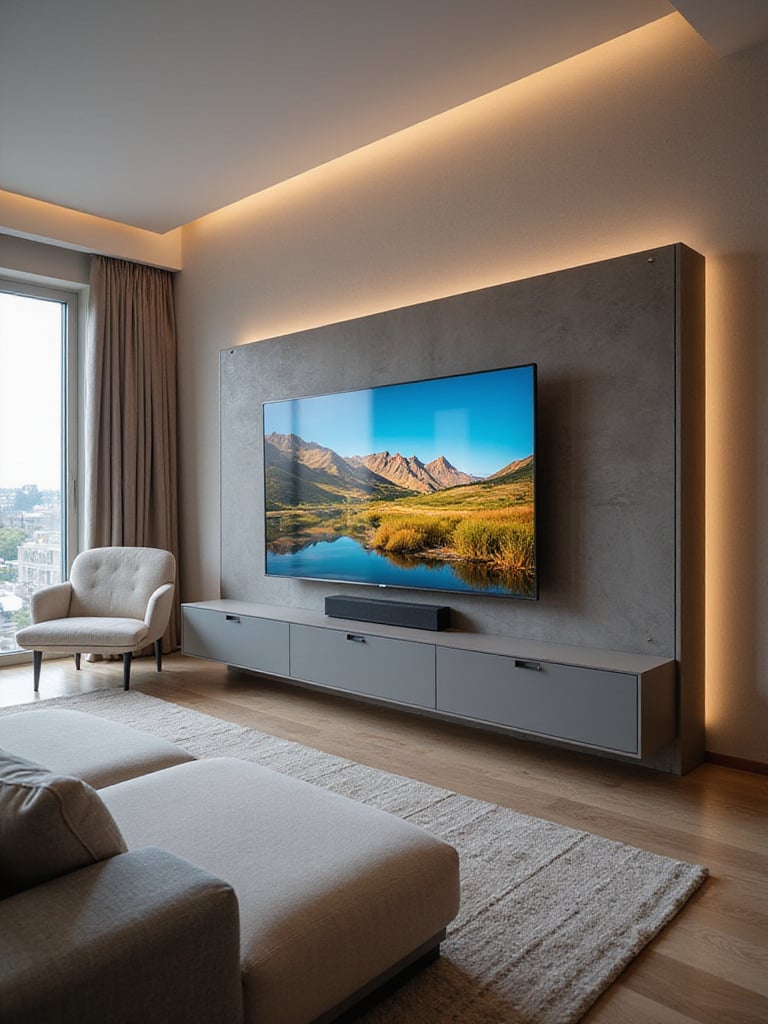 Stylish living room with a wall-mounted TV displaying art, showcasing seamless technology integration with hidden wires and subtle lighting.