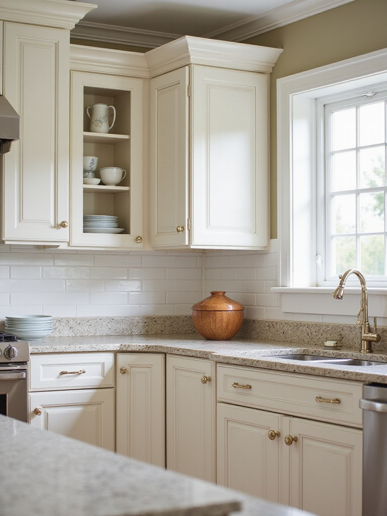A beautiful kitchen showcasing various cabinet styles and designs.