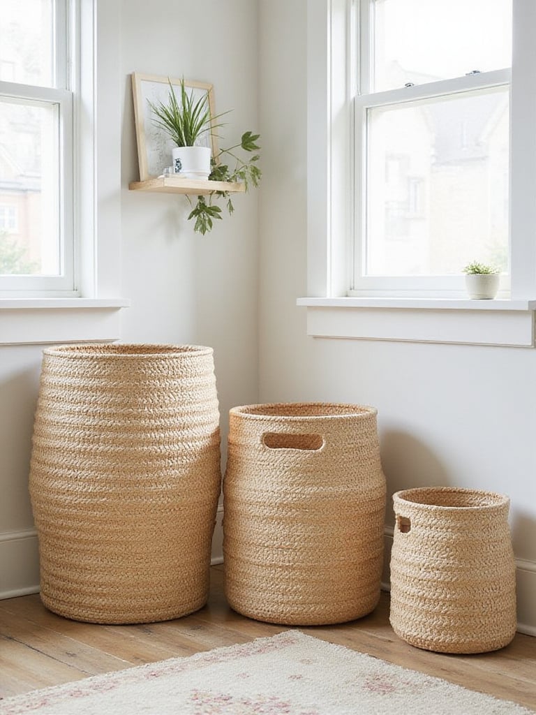 Chic woven seagrass laundry baskets and hampers providing stylish and organized storage solutions in a laundry room.