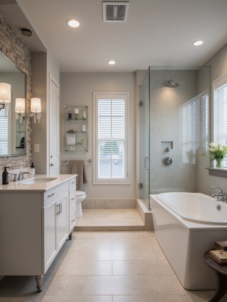 A beautifully designed bathroom with various IP-rated lighting fixtures, showcasing safety compliance.