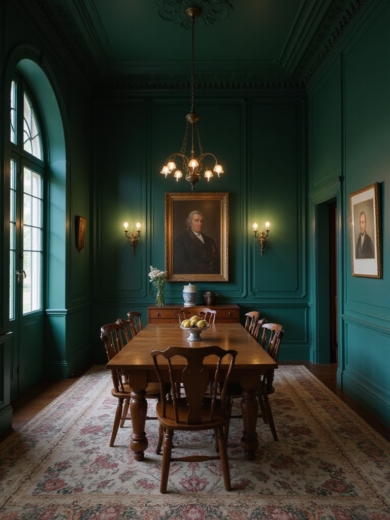 An elegant dining room featuring walls painted in a bold, dramatic jewel tone, creating a sophisticated and intimate atmosphere around a classic dining table.