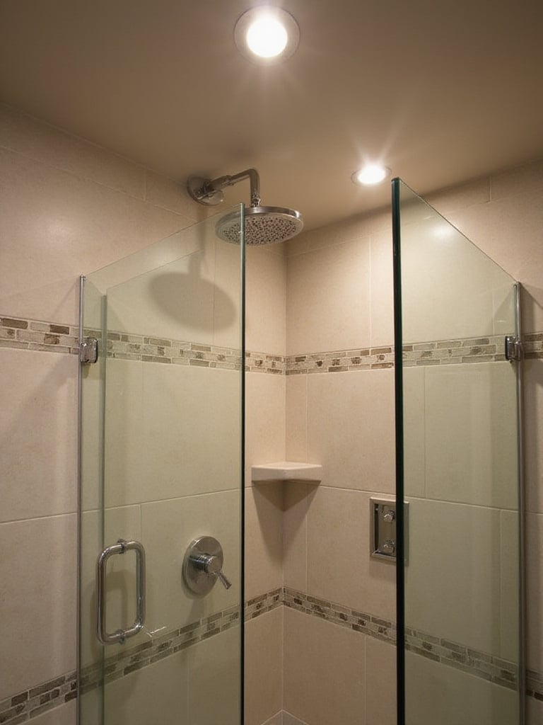 Modern bathroom shower with wet-rated light fixtures