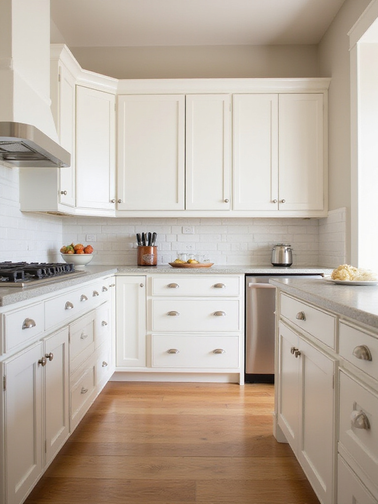 A stylish kitchen with cohesive color palette and materials scheme including white cabinets, wood floors, and quartz countertops.