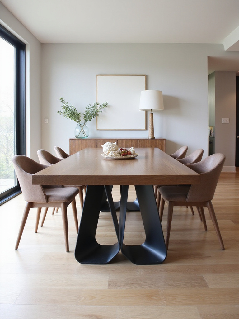 Modern dining room featuring a table with a unique black sculptural metal base and a wooden top.